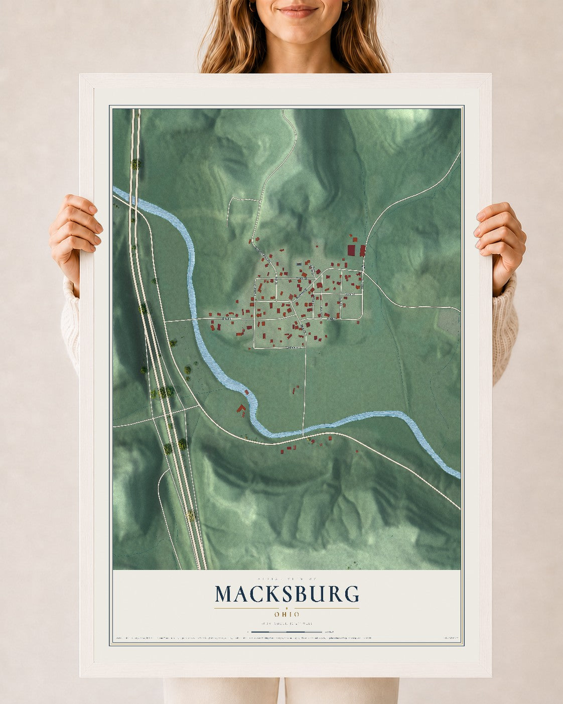 Map of Macksburg, Ohio, 24 x 36 inch print in a white wood frame
