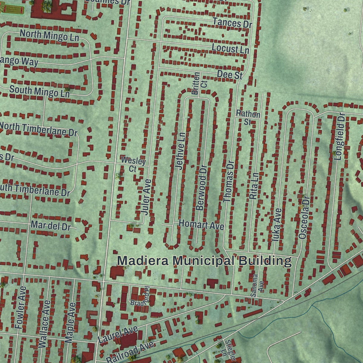 Close-up of the map of Madeira, Ohio print showing street and building detail