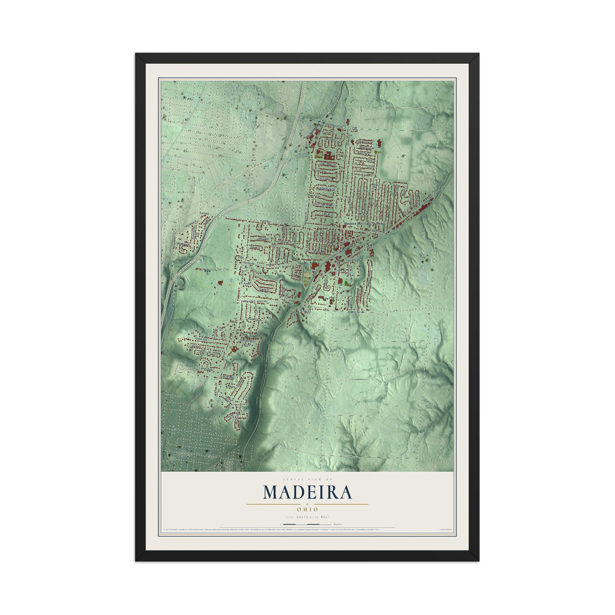 Map of Madeira, Ohio, 12 x 18 inch print in a black wood frame