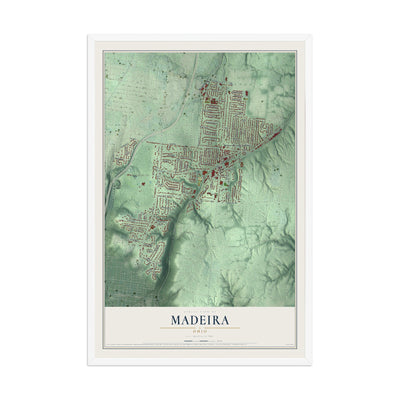 Map of Madeira, Ohio, 12 x 18 inch print in a white wood frame