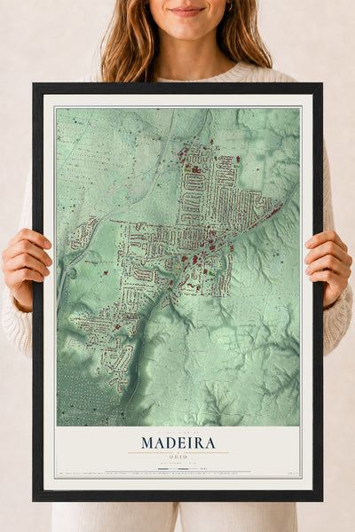Map of Madeira, Ohio, 18 x 24 inch print in a black wood frame