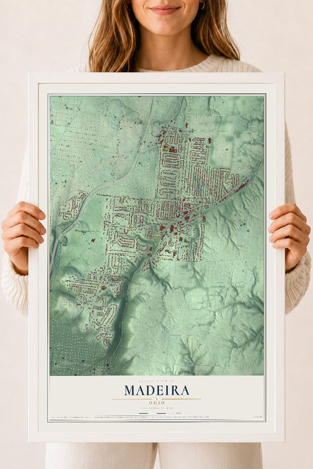 Map of Madeira, Ohio, 18 x 24 inch print in a white wood frame