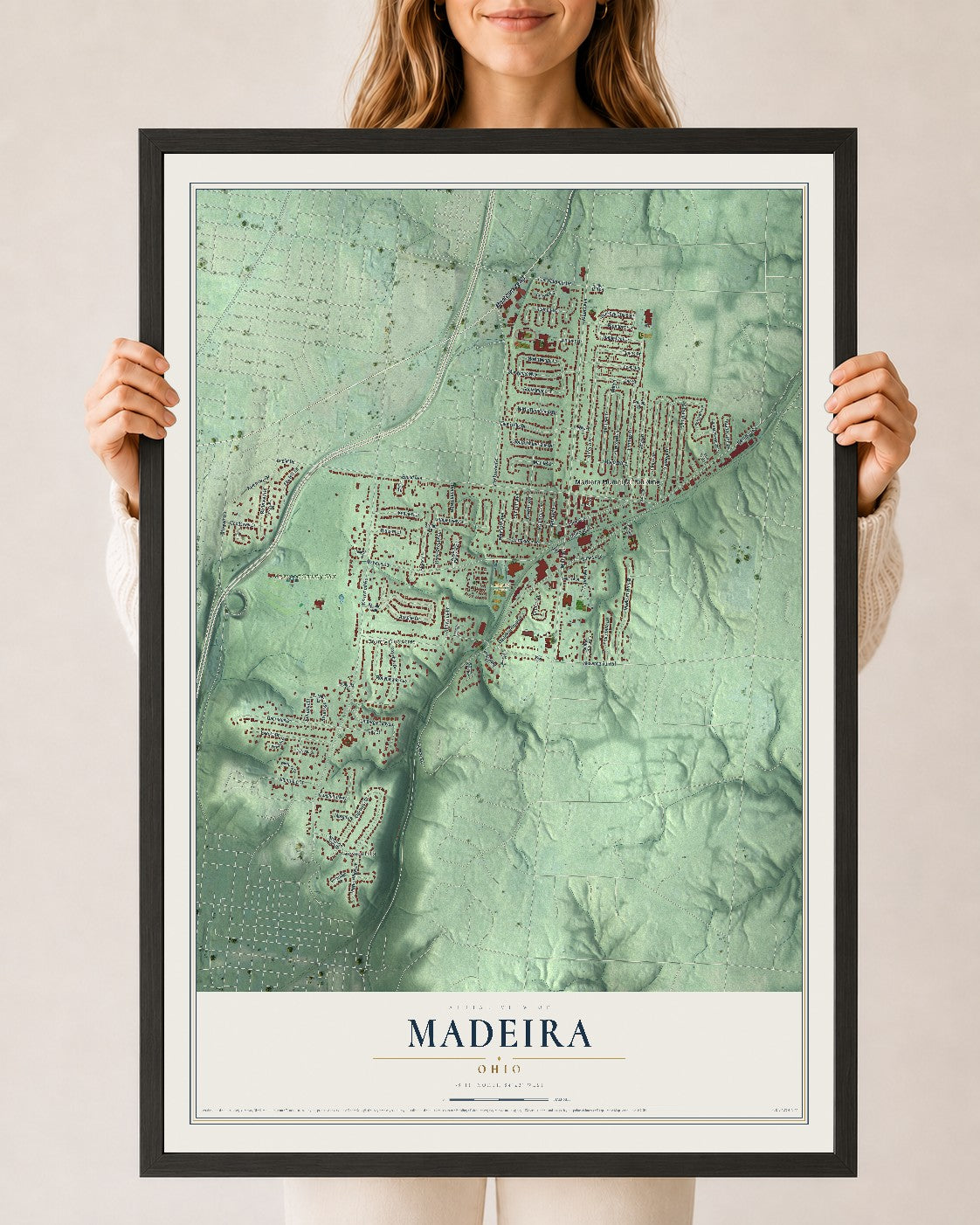 Map of Madeira, Ohio, 24 x 36 inch print in a black wood frame