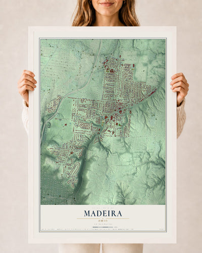 Map of Madeira, Ohio, 24 x 36 inch print in a white wood frame