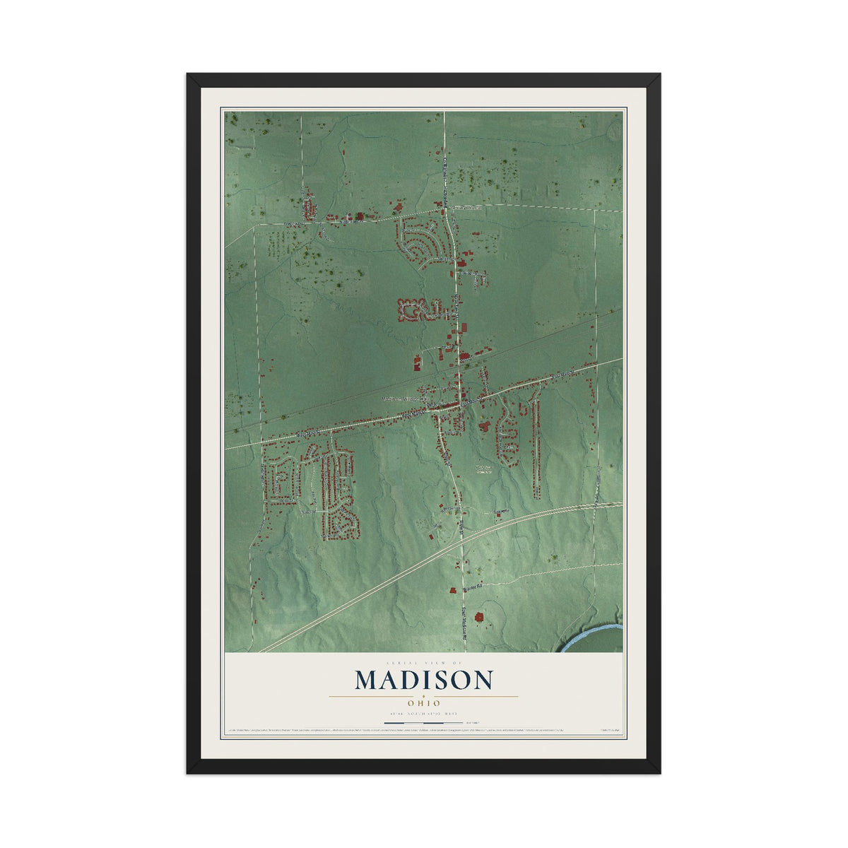 Map of Madison, Ohio, 12 x 18 inch print in a black wood frame