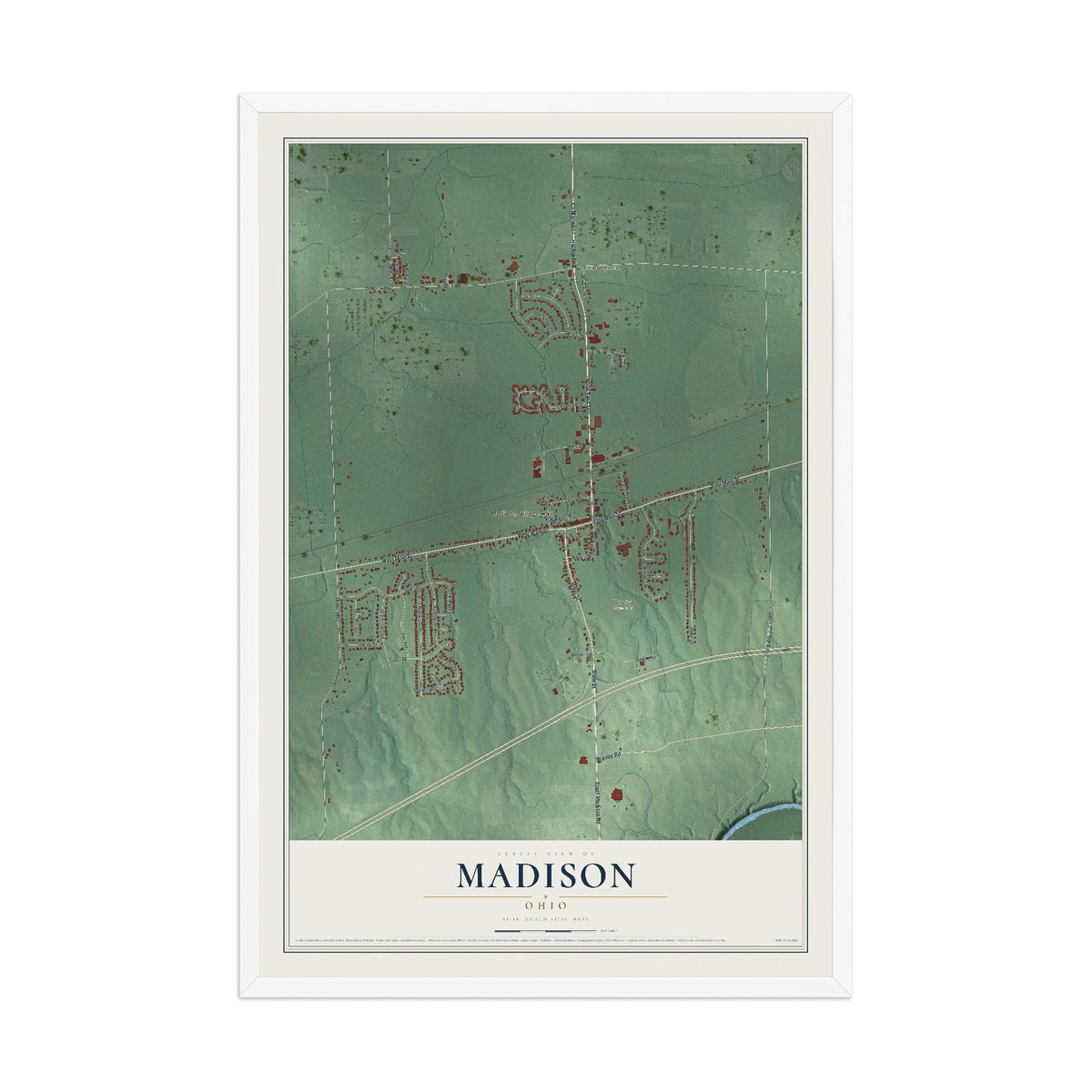 Map of Madison, Ohio, 12 x 18 inch print in a white wood frame