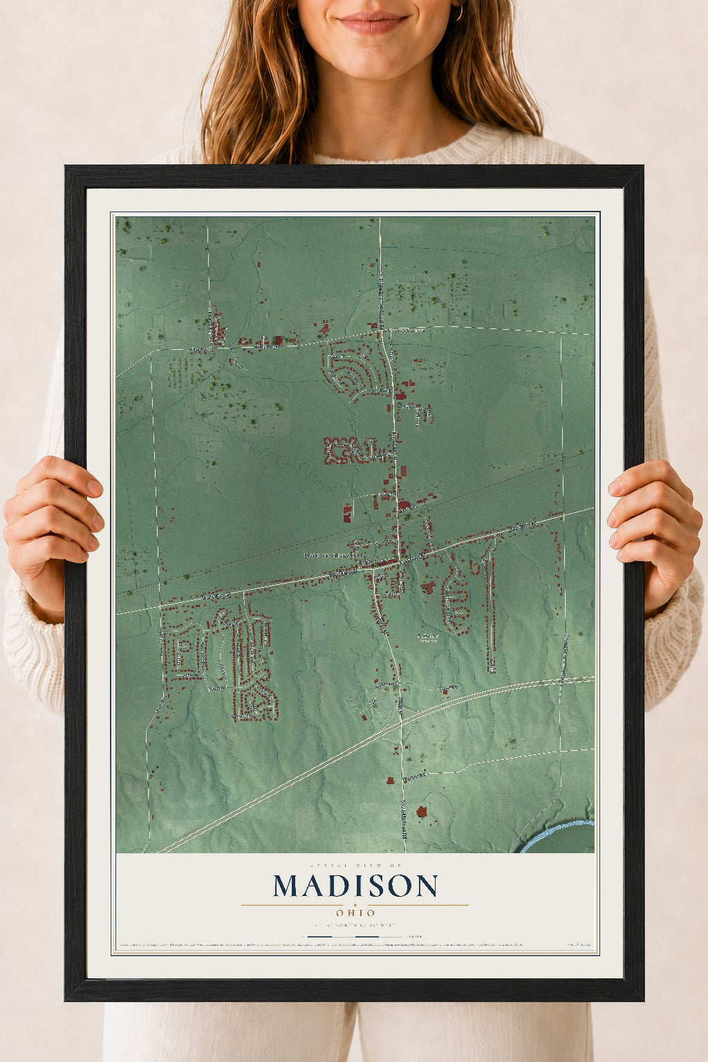 Map of Madison, Ohio, 18 x 24 inch print in a black wood frame