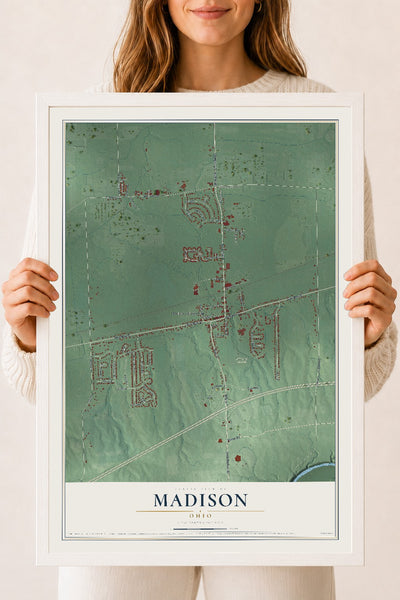 Map of Madison, Ohio, 18 x 24 inch print in a white wood frame