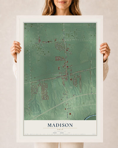 Map of Madison, Ohio, 24 x 36 inch print in a white wood frame