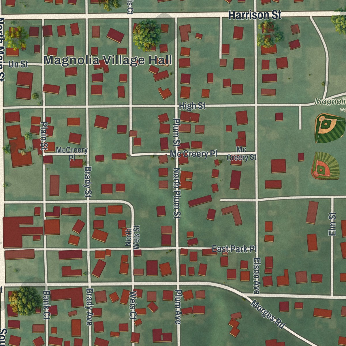 Close-up of the map of Magnolia, Ohio print showing street and building detail
