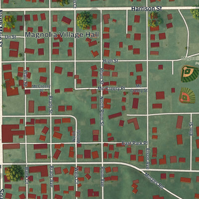 Close-up of the map of Magnolia, Ohio print showing street and building detail