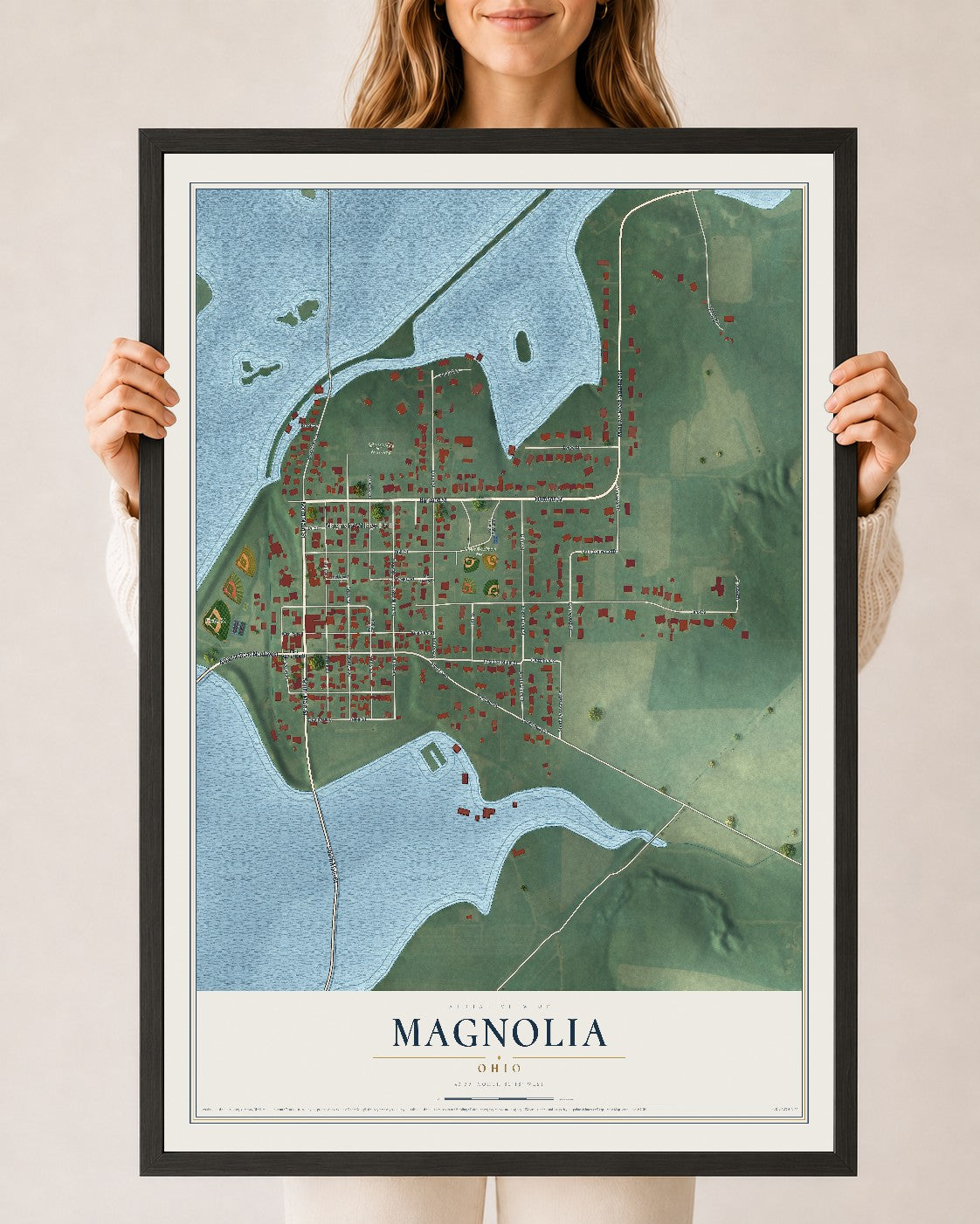 Map of Magnolia, Ohio, 24 x 36 inch print in a black wood frame