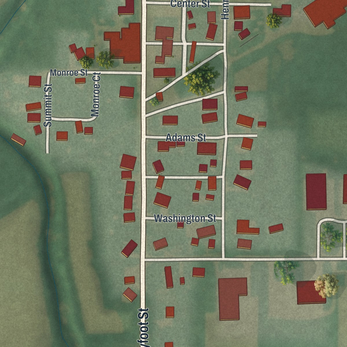 Close-up of the map of Malinta, Ohio print showing street and building detail