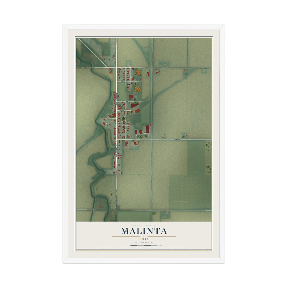 Map of Malinta, Ohio, 12 x 18 inch print in a white wood frame
