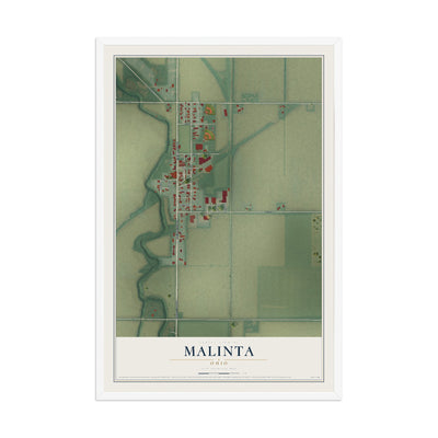 Map of Malinta, Ohio, 12 x 18 inch print in a white wood frame