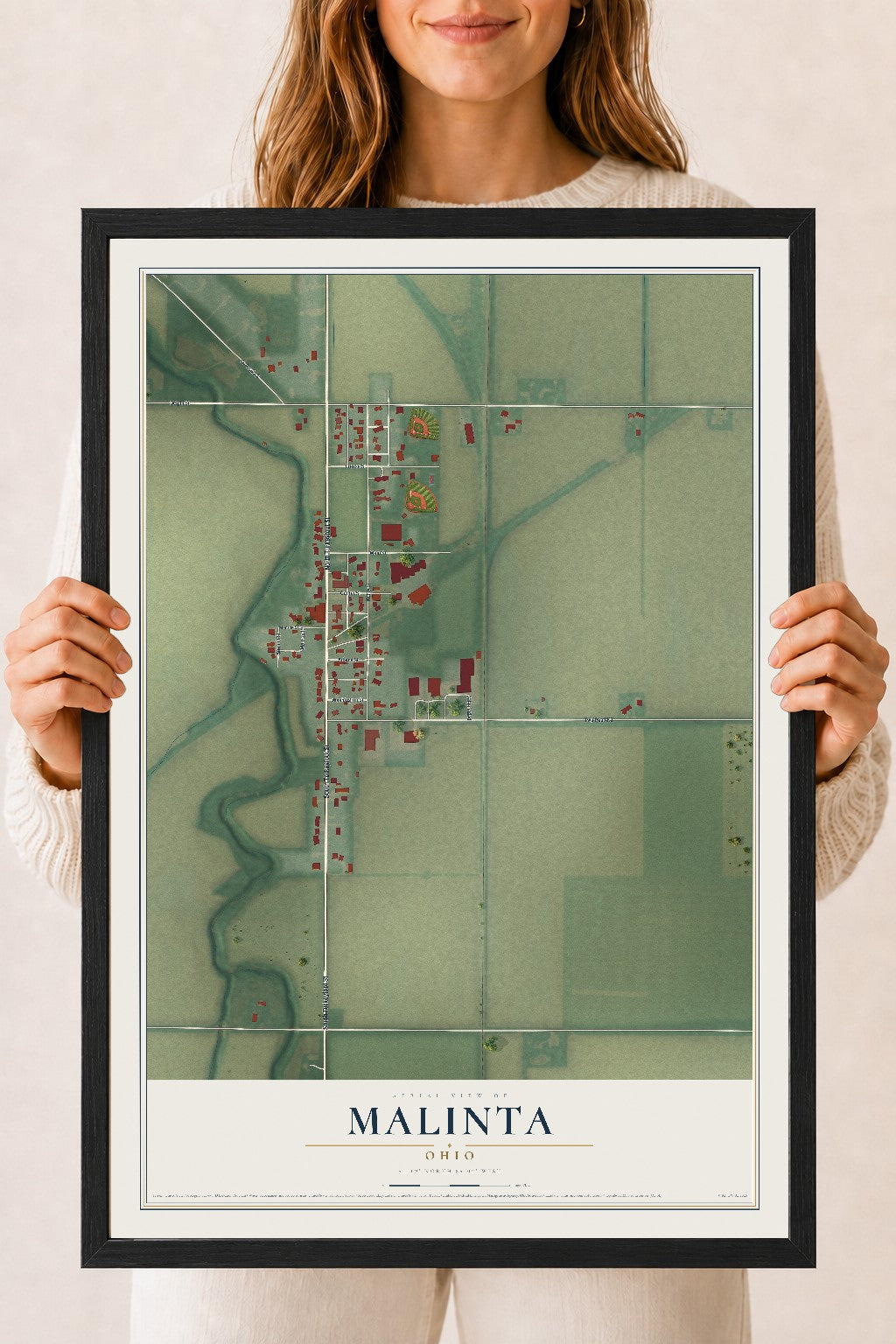 Map of Malinta, Ohio, 18 x 24 inch print in a black wood frame