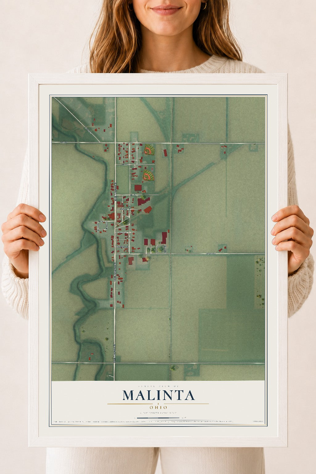 Map of Malinta, Ohio, 18 x 24 inch print in a white wood frame