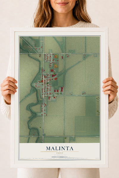 Map of Malinta, Ohio, 18 x 24 inch print in a white wood frame
