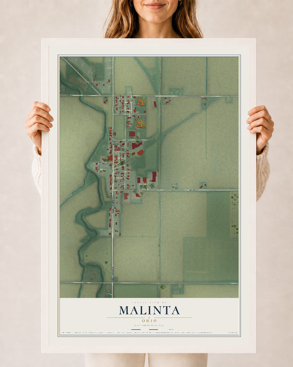 Map of Malinta, Ohio, 24 x 36 inch print in a white wood frame