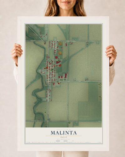 Map of Malinta, Ohio, 24 x 36 inch print in a white wood frame