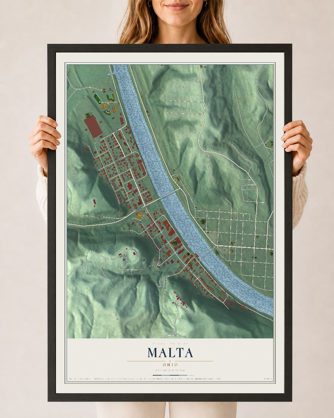 Map of Malta, Ohio, 24 x 36 inch print in a black wood frame