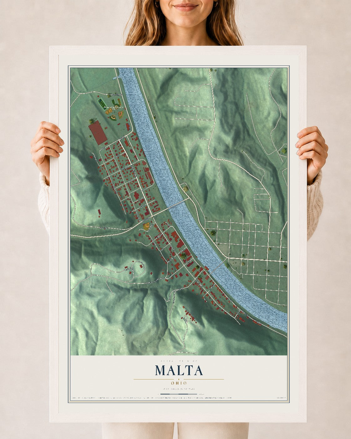 Map of Malta, Ohio, 24 x 36 inch print in a white wood frame