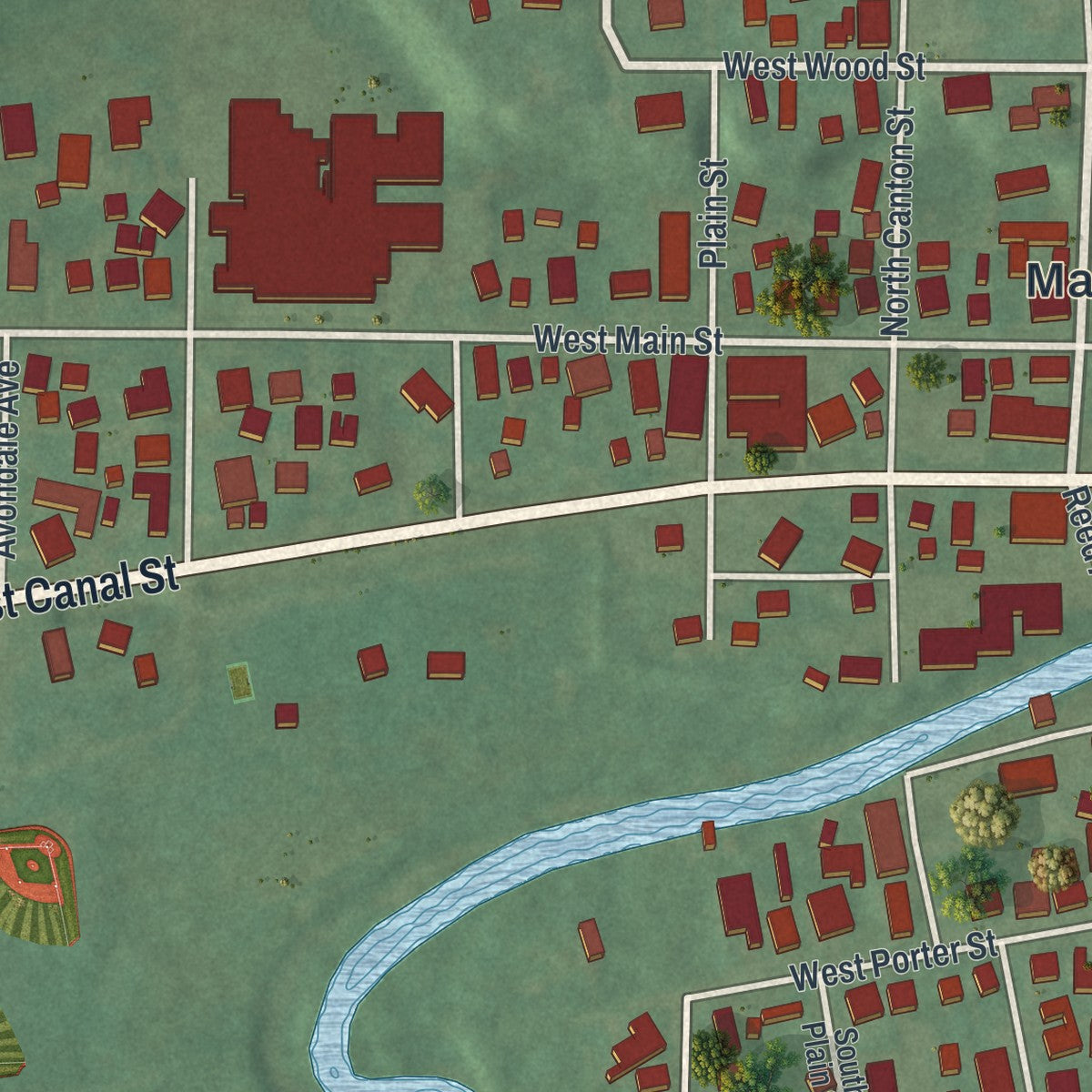 Close-up of the map of Malvern, Ohio print showing street and building detail