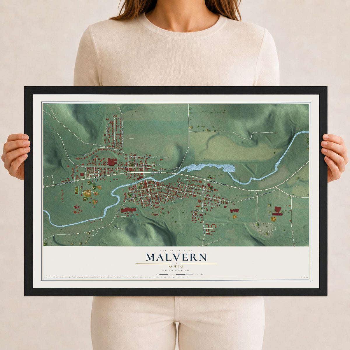 Map of Malvern, Ohio, 12 x 18 inch print in a black wood frame