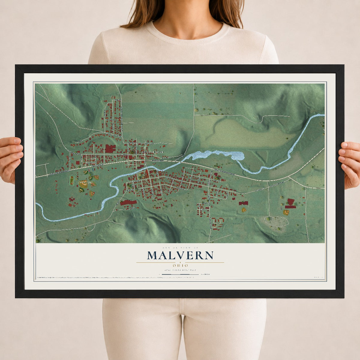 Map of Malvern, Ohio, 18 x 24 inch print in a black wood frame