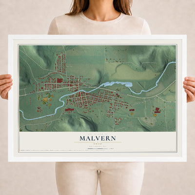 Map of Malvern, Ohio, 18 x 24 inch print in a white wood frame