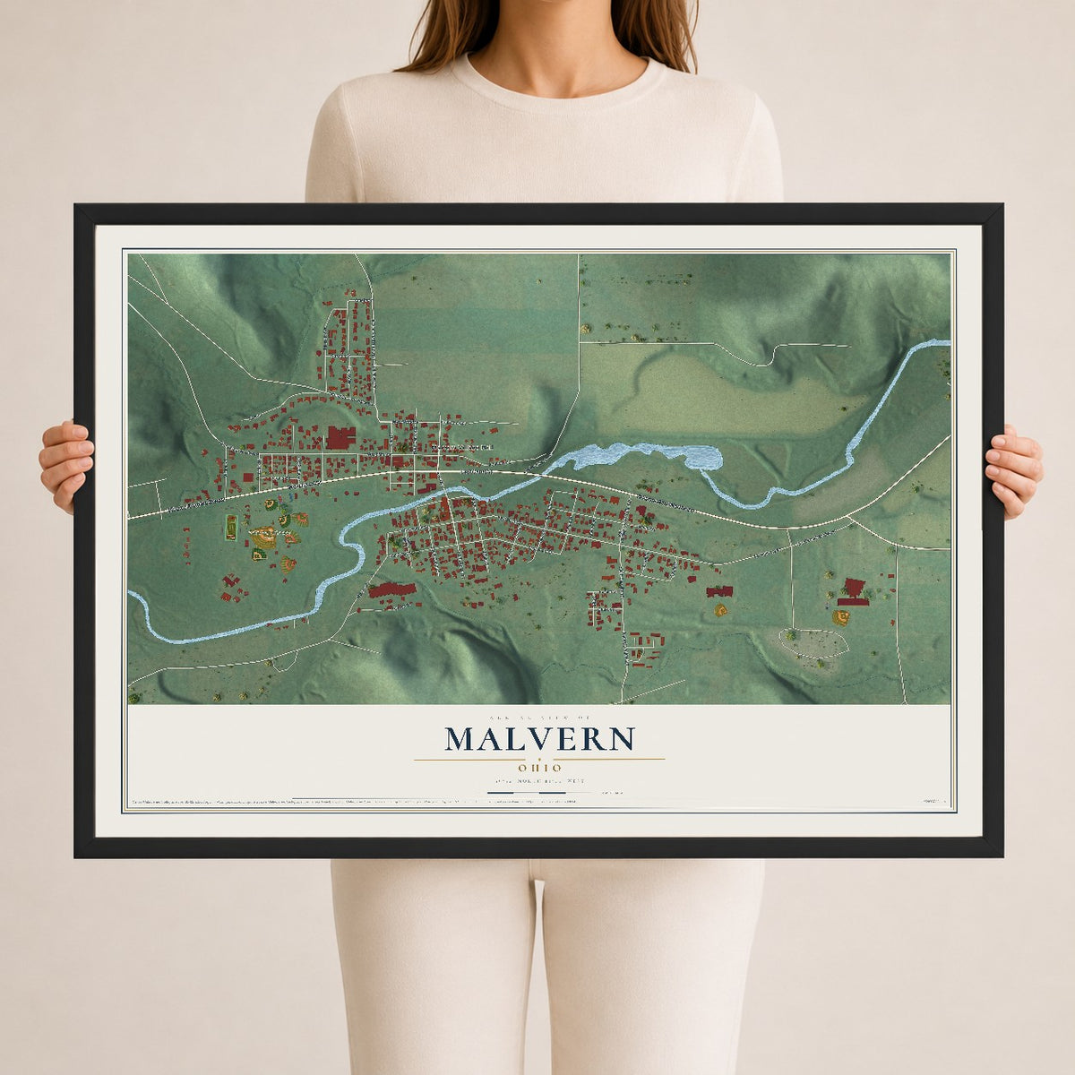 Map of Malvern, Ohio, 24 x 36 inch print in a black wood frame