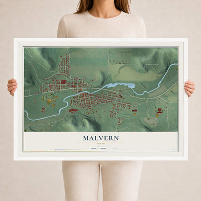 Map of Malvern, Ohio, 24 x 36 inch print in a white wood frame