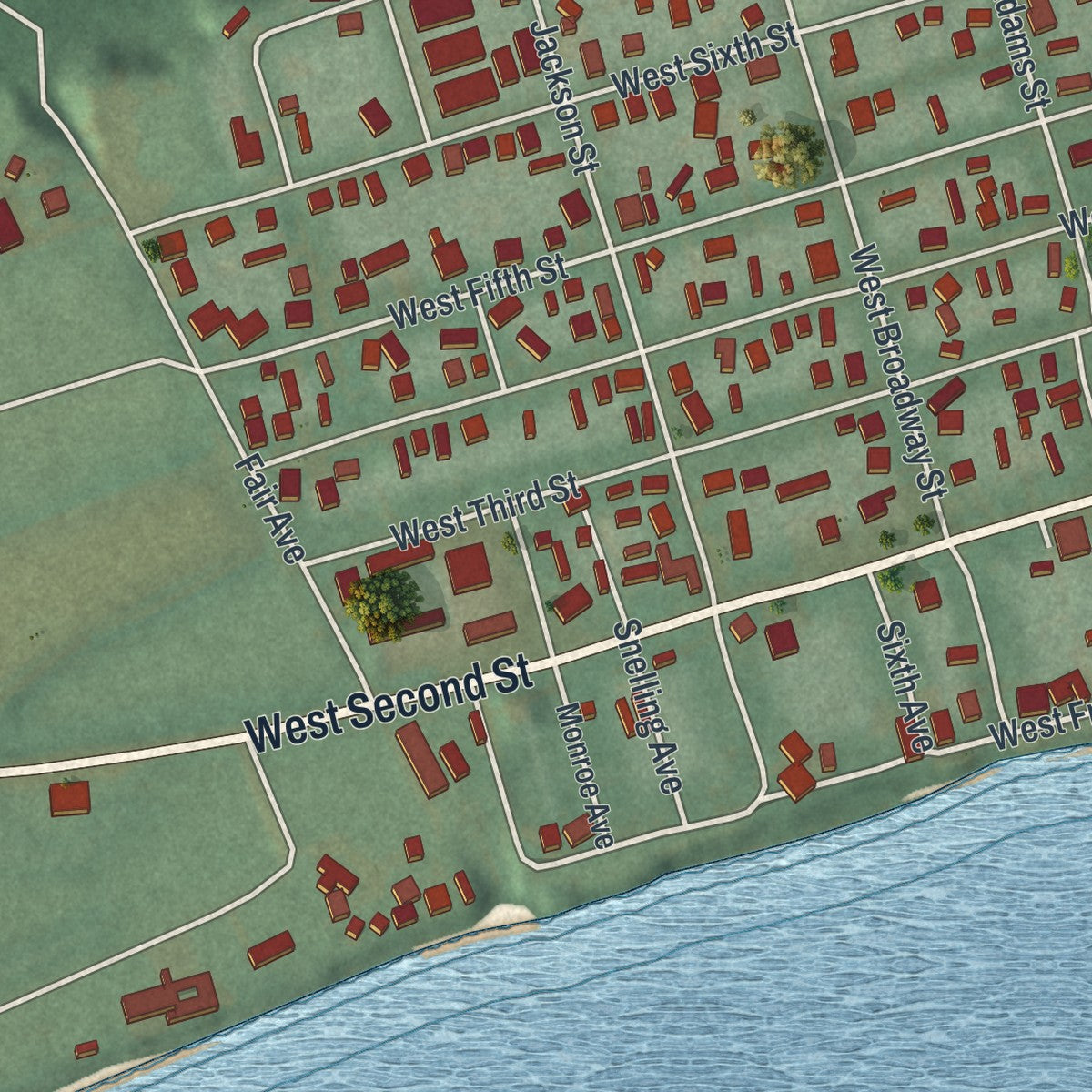 Second close-up of the map of Manchester, Ohio print showing more streets and buildings