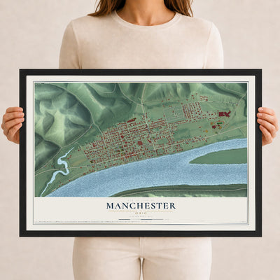 Map of Manchester, Ohio, 12 x 18 inch print in a black wood frame