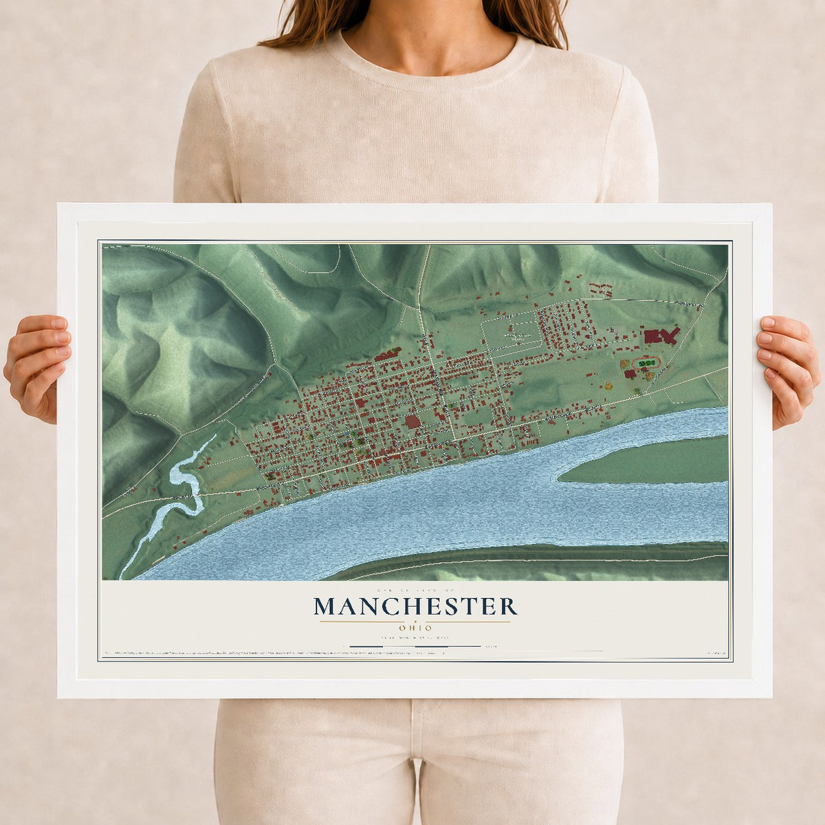 Map of Manchester, Ohio, 12 x 18 inch print in a white wood frame
