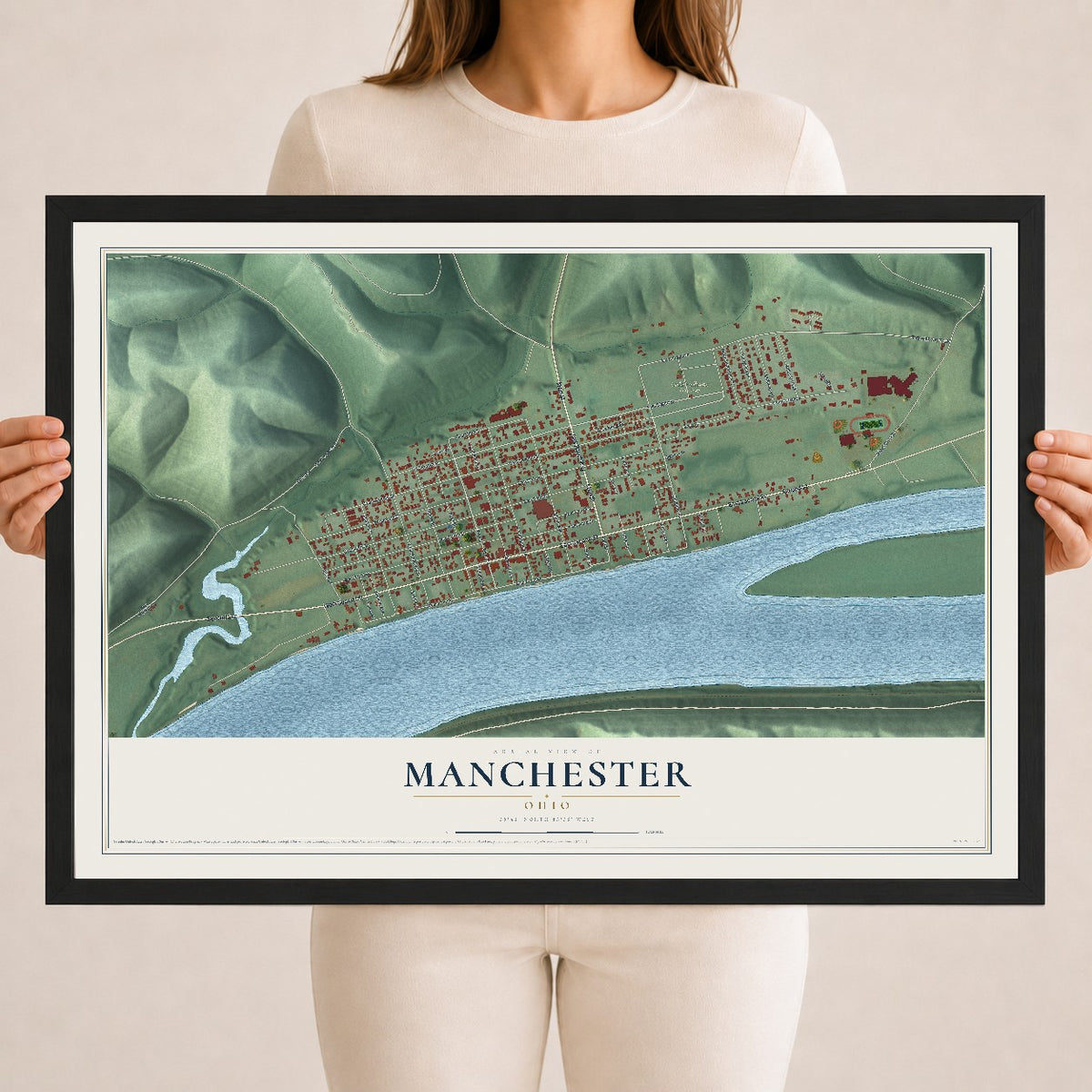 Map of Manchester, Ohio, 18 x 24 inch print in a black wood frame