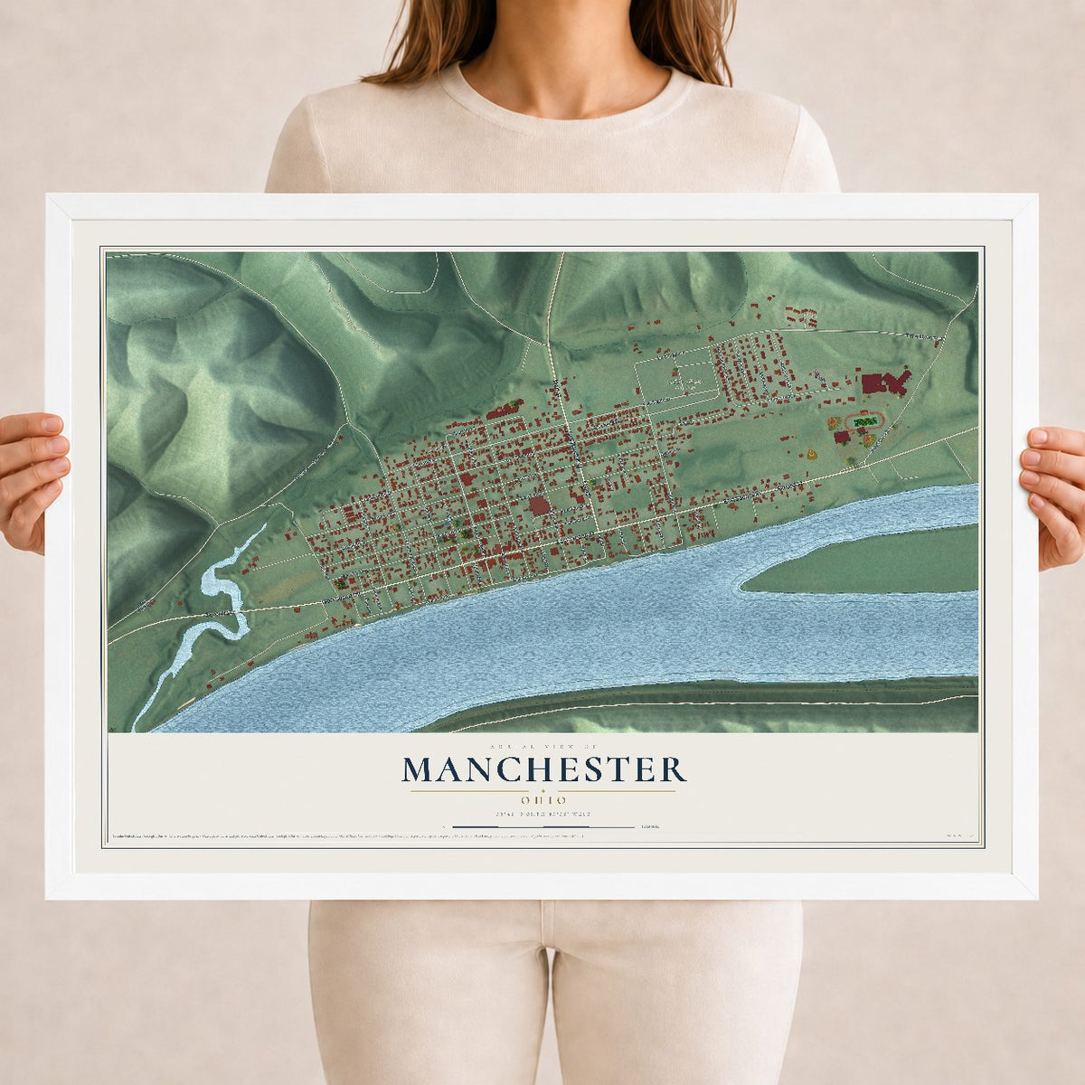 Map of Manchester, Ohio, 18 x 24 inch print in a white wood frame