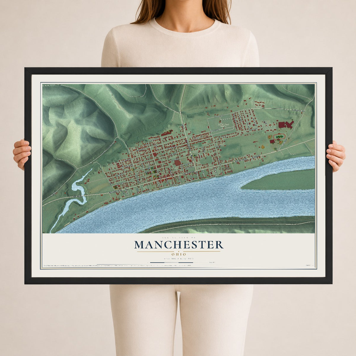 Map of Manchester, Ohio, 24 x 36 inch print in a black wood frame