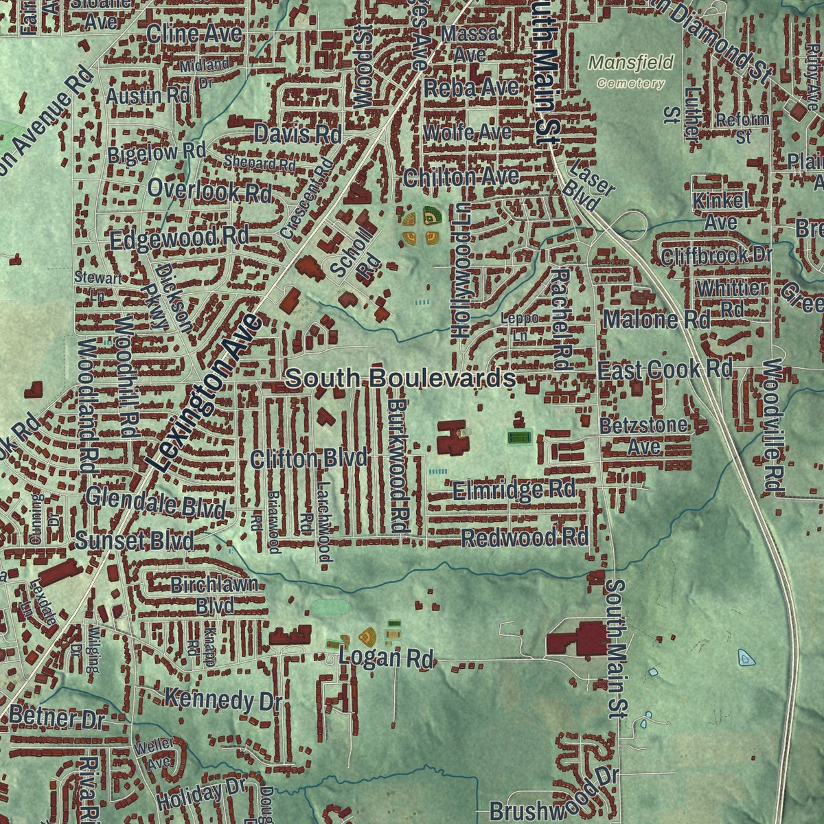 Close-up of the map of Mansfield, Ohio print showing street and building detail