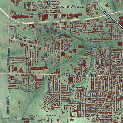 Second close-up of the map of Mansfield, Ohio print showing more streets and buildings