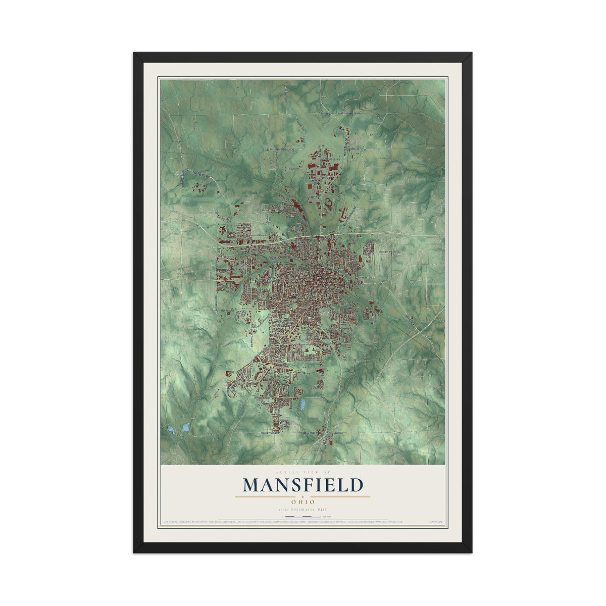 Map of Mansfield, Ohio, 12 x 18 inch print in a black wood frame
