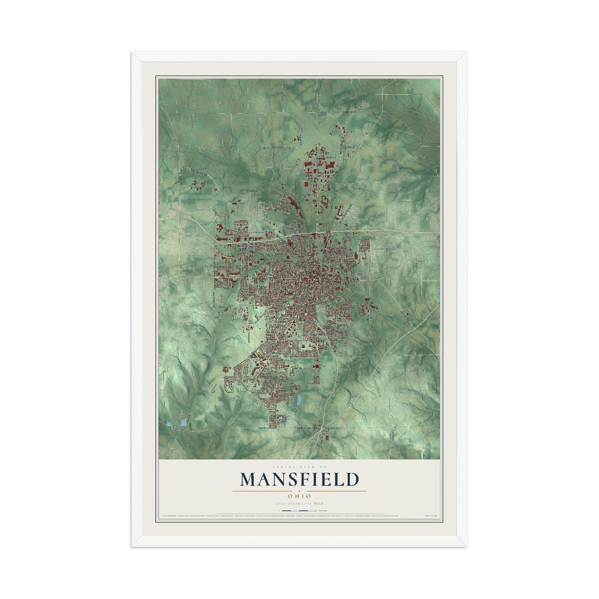 Map of Mansfield, Ohio, 12 x 18 inch print in a white wood frame