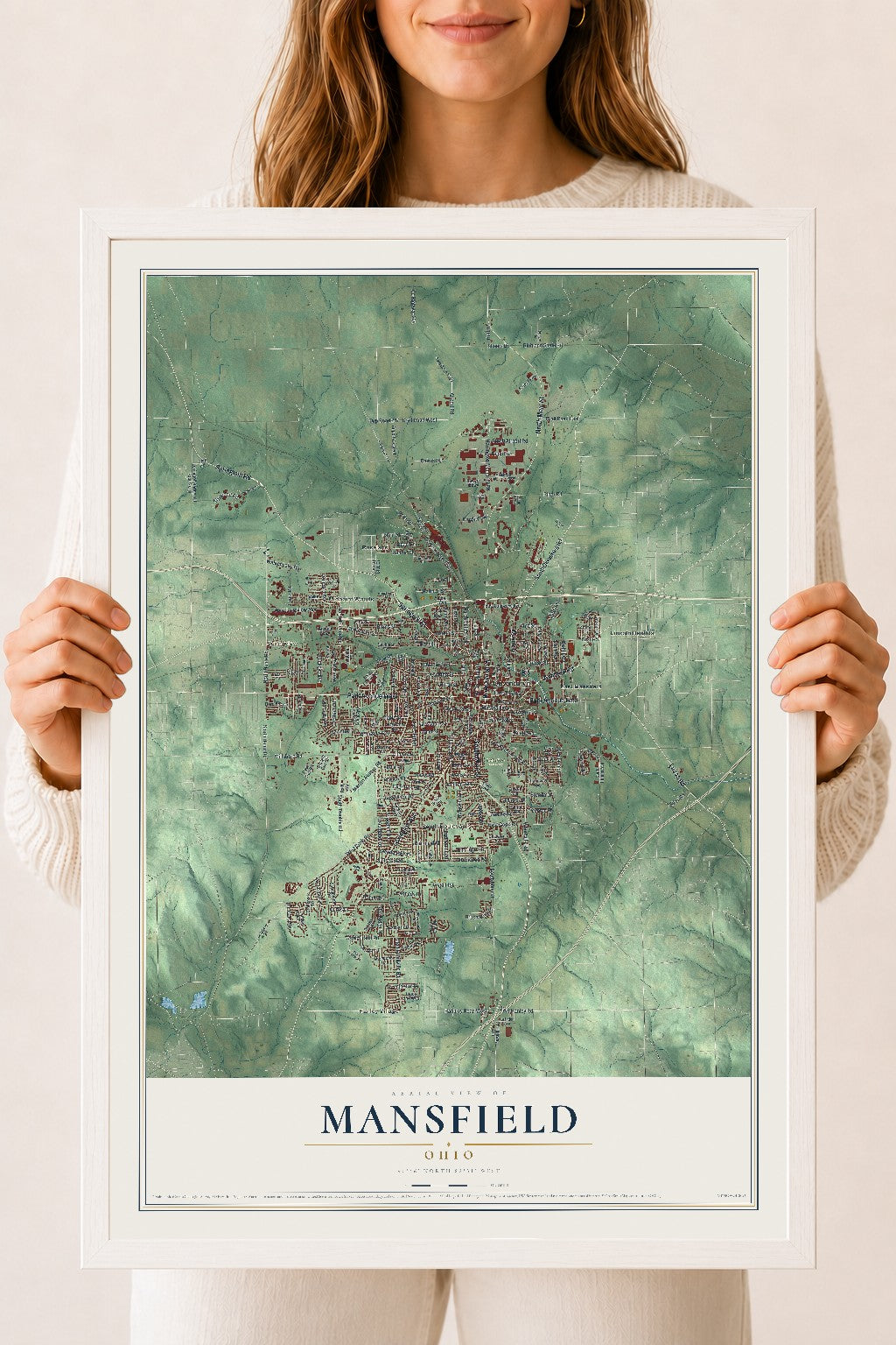 Map of Mansfield, Ohio, 18 x 24 inch print in a white wood frame