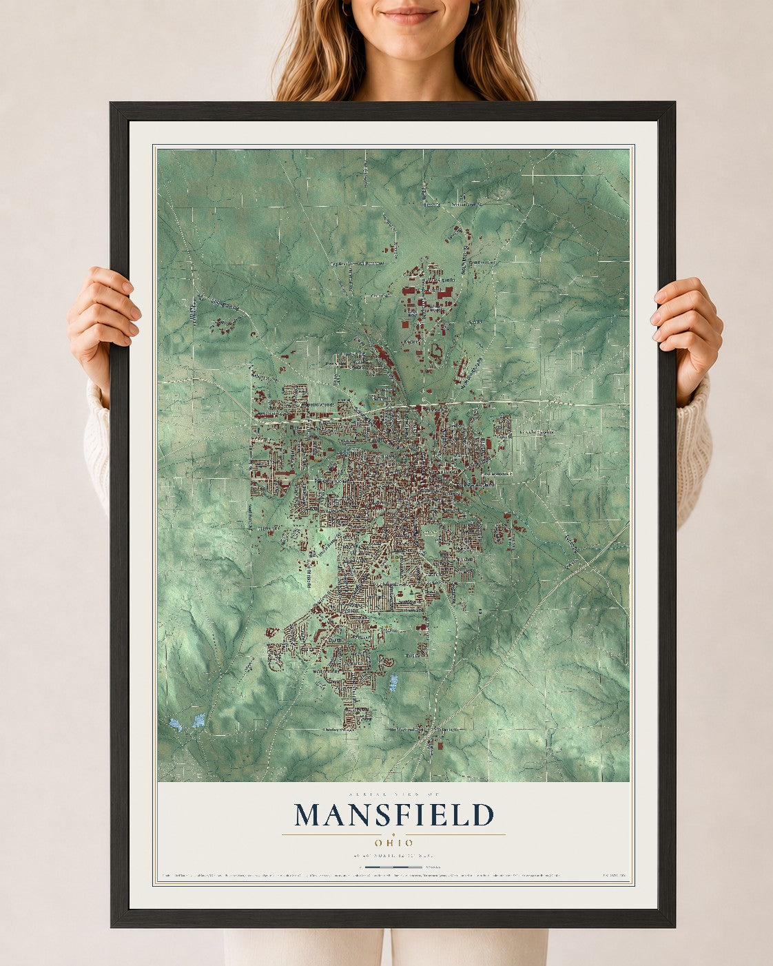 Map of Mansfield, Ohio, 24 x 36 inch print in a black wood frame