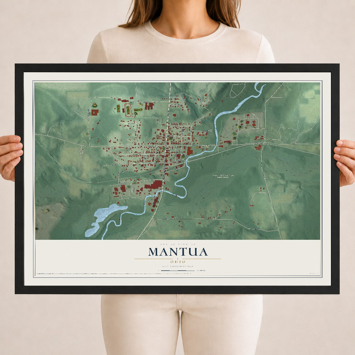 Map of Mantua, Ohio, 18 x 24 inch print in a black wood frame