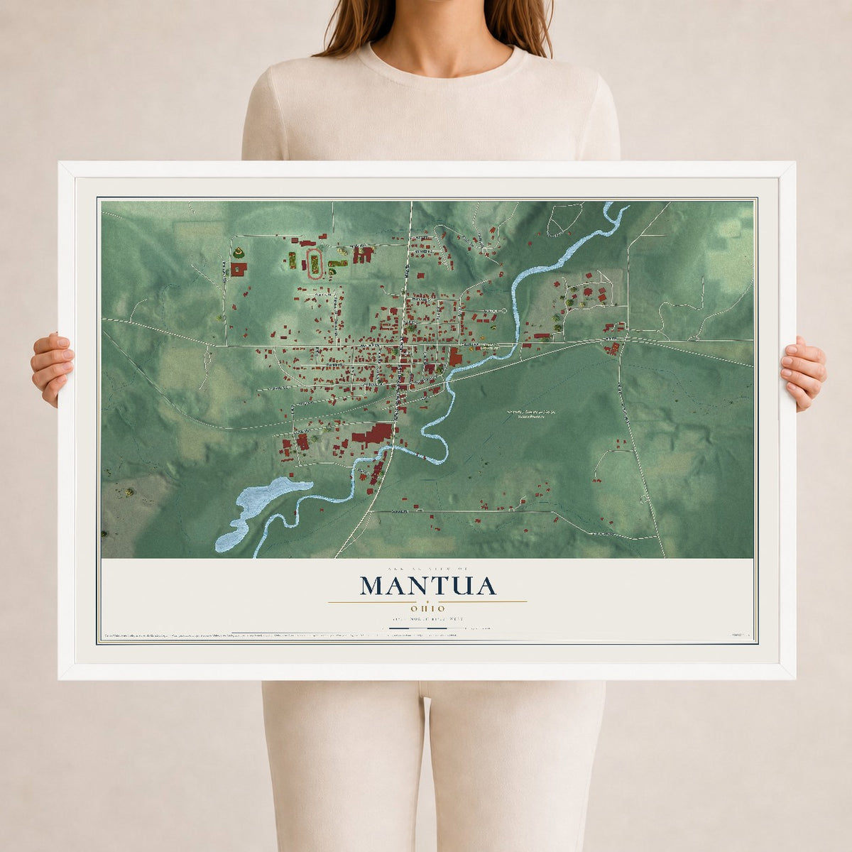 Map of Mantua, Ohio, 24 x 36 inch print in a white wood frame