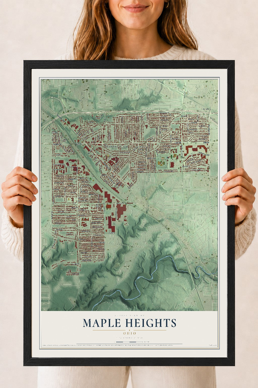 Map of Maple Heights, Ohio, 18 x 24 inch print in a black wood frame