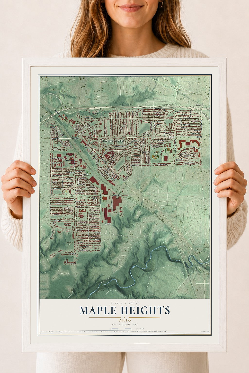 Map of Maple Heights, Ohio, 18 x 24 inch print in a white wood frame