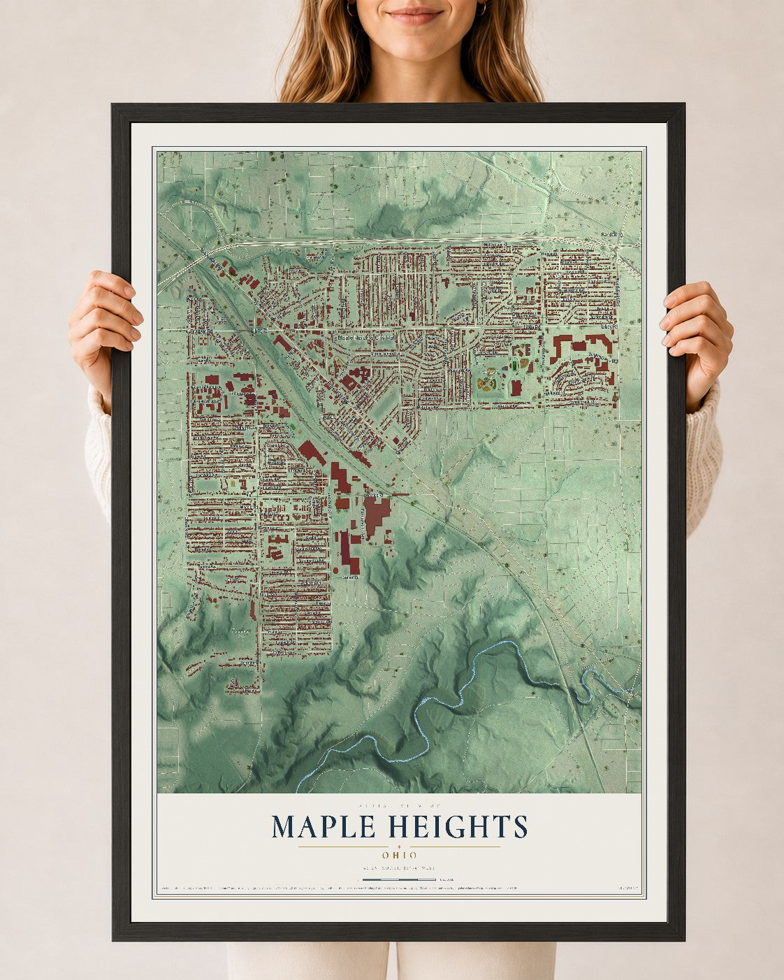 Map of Maple Heights, Ohio, 24 x 36 inch print in a black wood frame