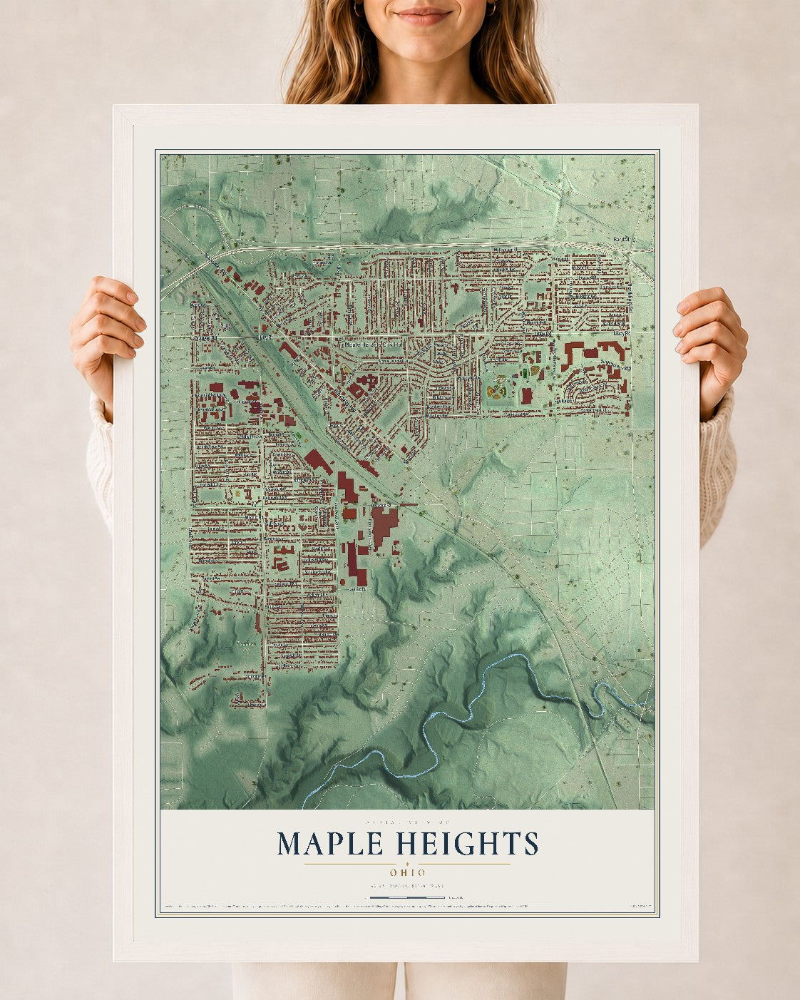 Map of Maple Heights, Ohio, 24 x 36 inch print in a white wood frame